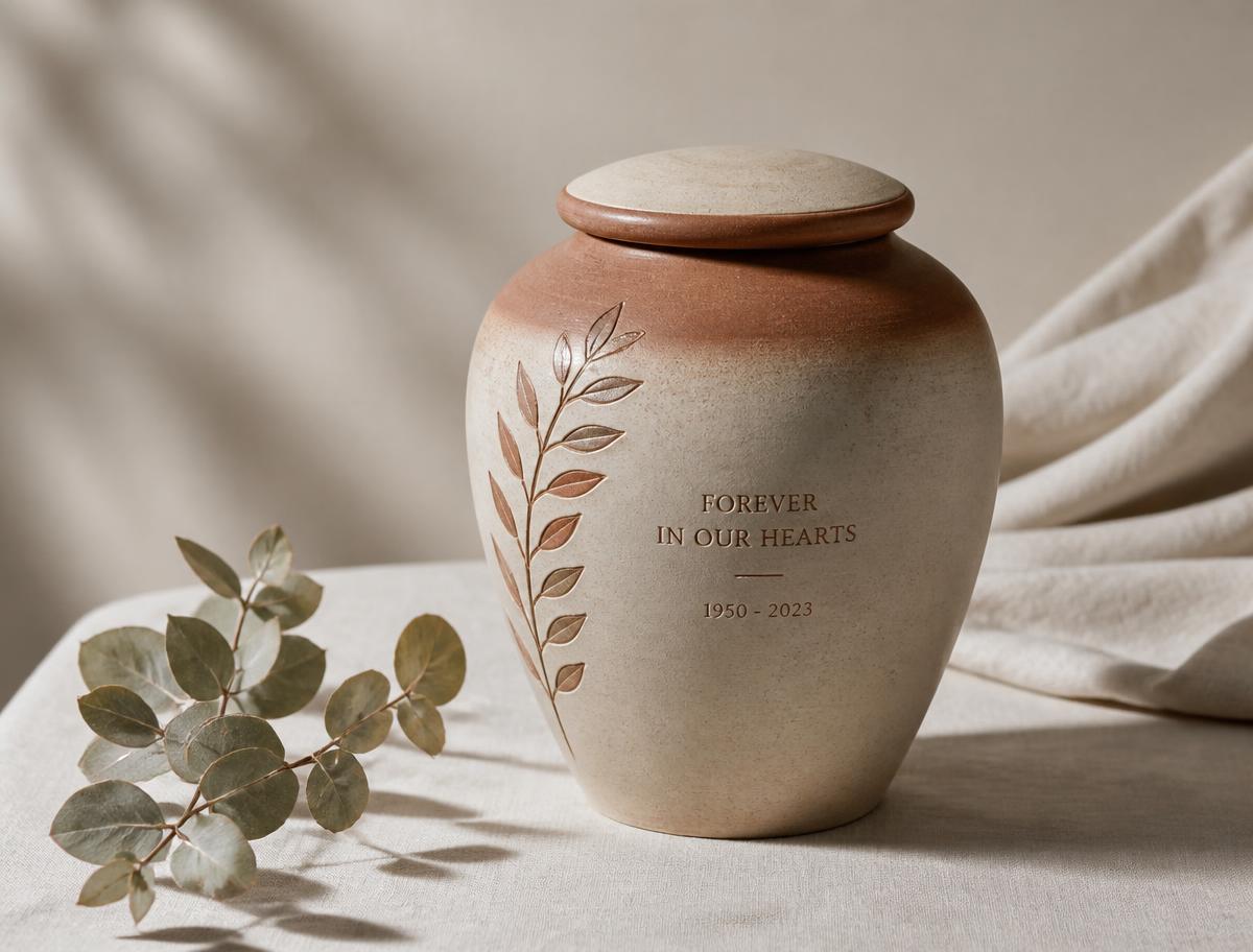 Urna cerâmica artesanal em tons de terracota ao lado de folhas de eucalipto